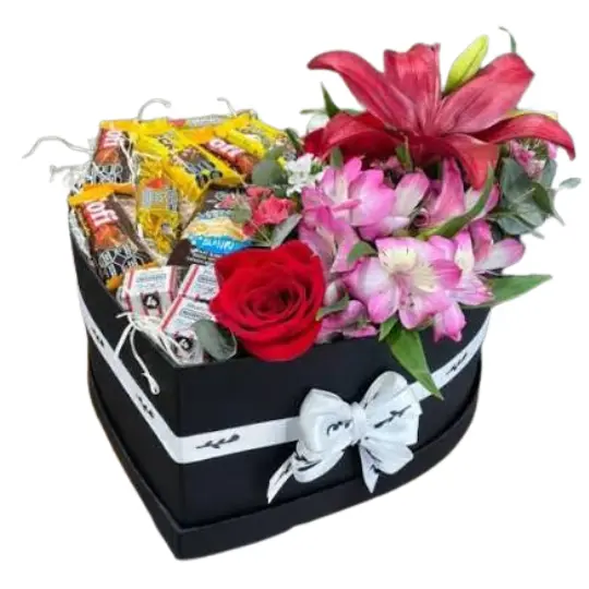 corazon de flores de estacion y chocolates 